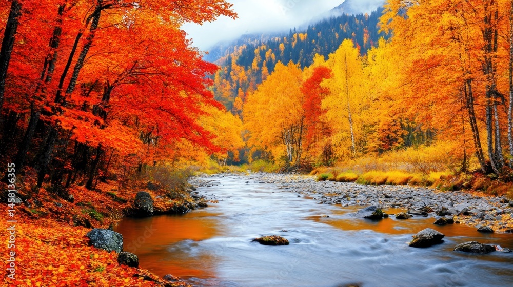 Autumnal River Landscape: Vibrant Fall Foliage along a Serene Stream Autumnal River Landscape: Vibrant Fall Foliage along a Serene Stream