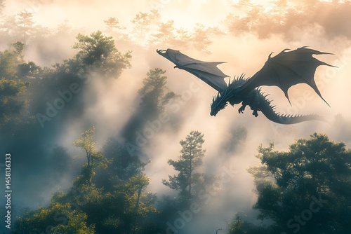 A two headed dragon soaring above a misty forest landscape at dusk with a cloudy sky background