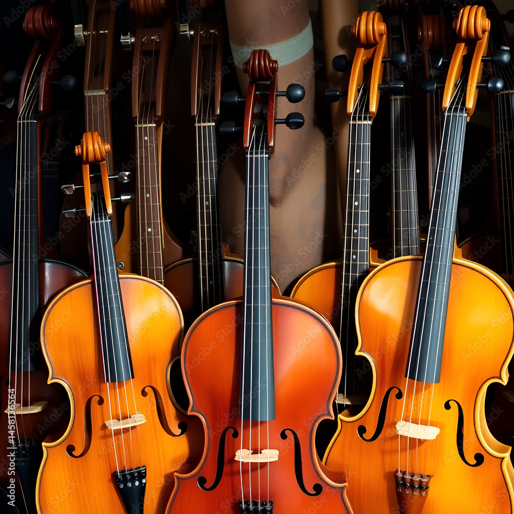 Naklejka premium Antique orchestral instruments arranged aesthetically.