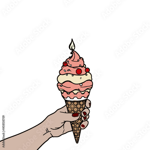 human hand holding ice-cream on cone, flat vector illustration. Woman hand with a manicure holding a cone of creamy ice cream with sprinkles. Vector flat isolated dessert sweetness.

