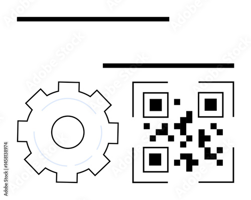 Gear icon next to a QR code, representing technology, automation, optimization, data sharing, innovation, and integration. Ideal for tech tools, digital marketing software process management