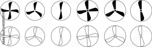 Fan icons set. Bicolor line and flat vector collection isolated on transparent background. Heating and cooling appliance. Flame, Ventilation Duct, Radiator, Air Filter, Wind, Droplet.
