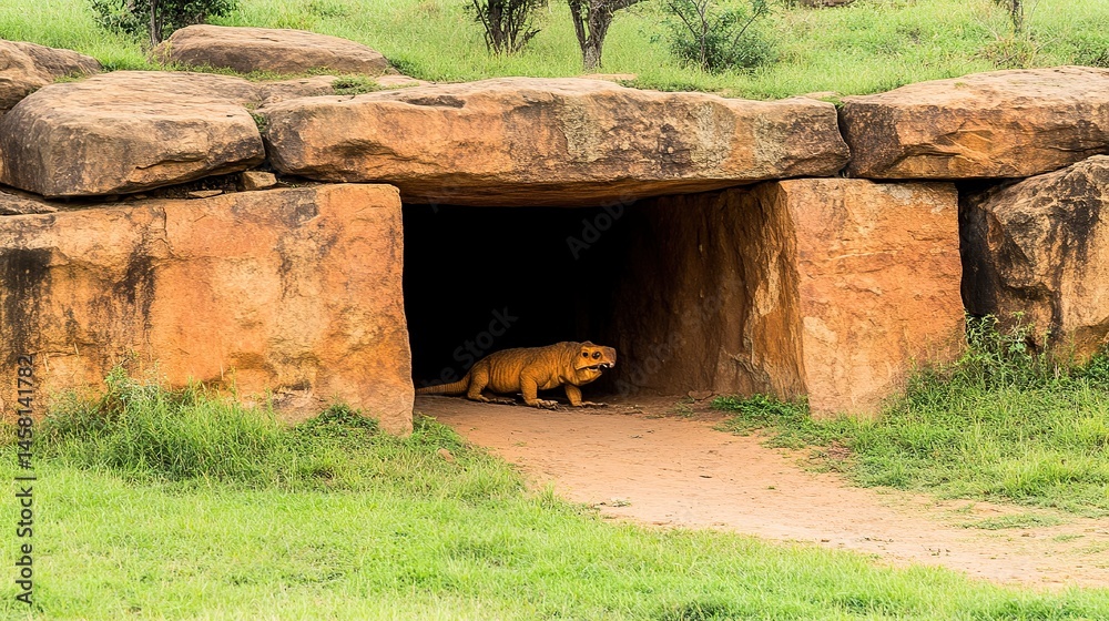 Fototapeta premium Reptile emerging cave, park, grassy hillside, exhibit