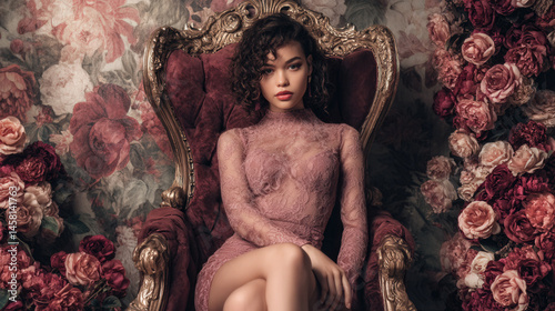 Modern Royal Elegance – Baroque Throne Portrait Surrounded by Roses