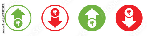 Indian rupee price up and down icons set. Rupee currency value trend icons. Money cost arrow growth, decline. Rupee trend icons showing currency value rising and falling with green up and red down.