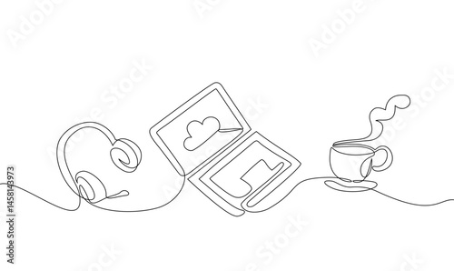 Continuous one line drawing of laptop, headphones, and coffee or tea cup, symbols of remote work, cloud tech, and modern connectivity. Vector illustration, Editable stroke