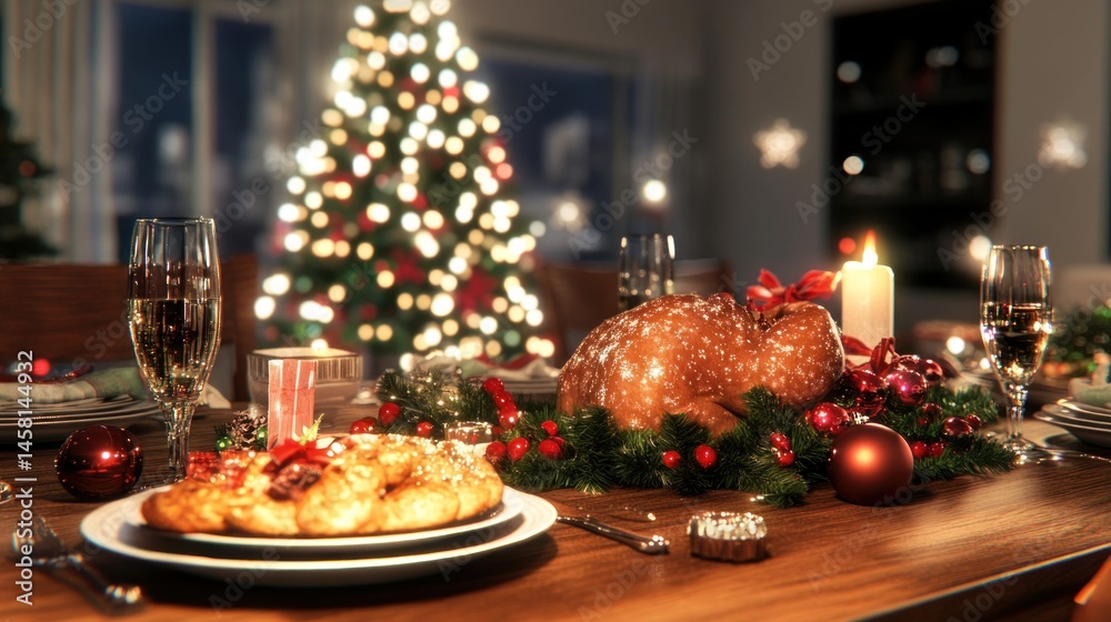 Festive christmas table setting with roasted turkey and champagne Festive christmas table setting with roasted turkey and champagne