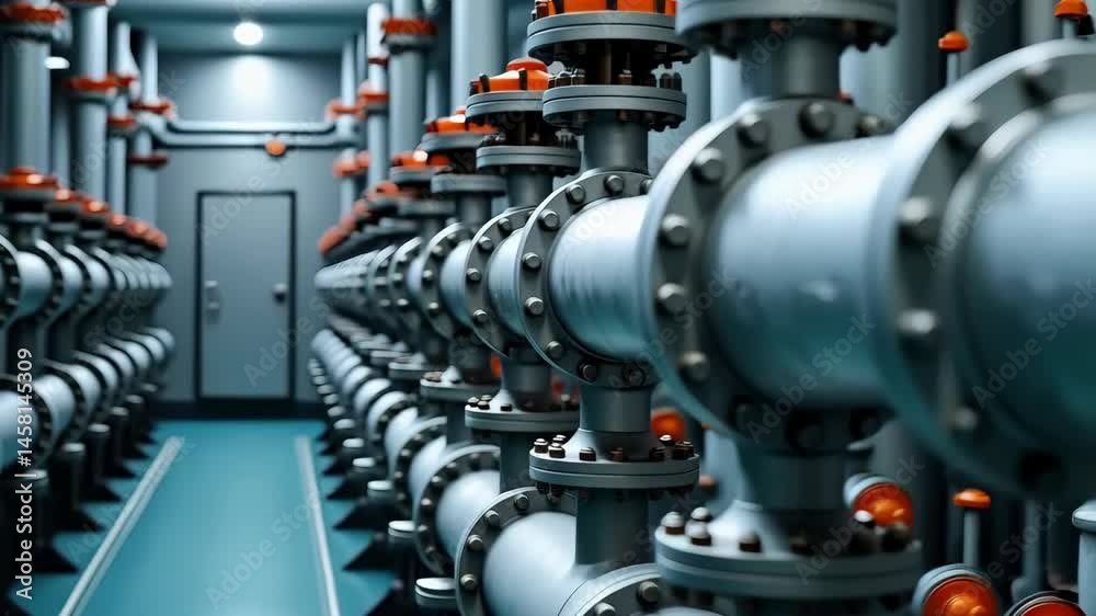Industrial pipeline system with metal pipes and valves in technical facility, clean engineering environment Industrial pipeline system with metal pipes and valves in technical facility, clean engineering environment