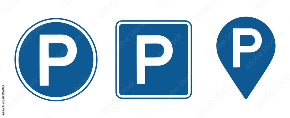 Three different parking sign icons, a circle, a rectangle, and a map pin, all in a deep blue color with white lettering.