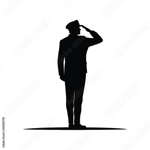 Veteran saluting silhouette vector illustration, military tribute figure symbolizing honor, service, patriotism, and respect