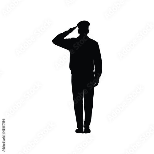 Veteran saluting silhouette vector illustration, military tribute figure symbolizing honor, service, patriotism, and respect
