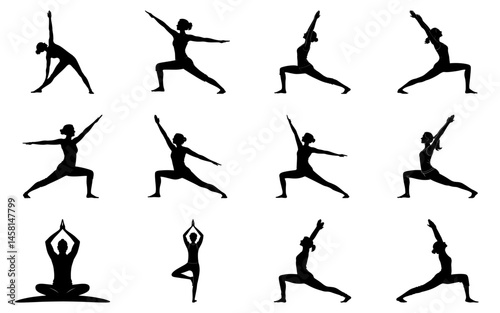 Set of yoga poses black silhouette vector illustration, collection of balanced, meditative figures representing wellness and mindfulness