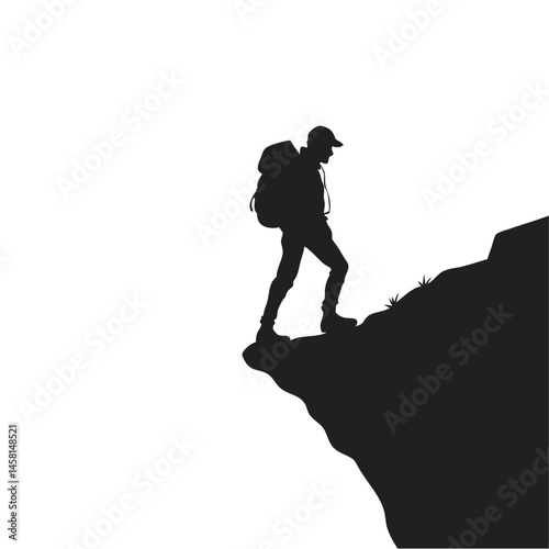 Solo hiker reaching mountain peak silhouette vector illustration, symbol of achievement, adventure, and outdoor exploration