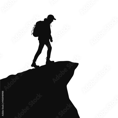 Solo hiker reaching mountain peak silhouette vector illustration, symbol of achievement, adventure, and outdoor exploration