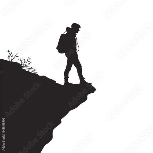 Solo hiker reaching mountain peak silhouette vector illustration, symbol of achievement, adventure, and outdoor exploration
