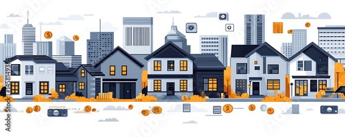 A stylized neighborhood depiction with houses, buildings, coins, and digital devices floating in the scene