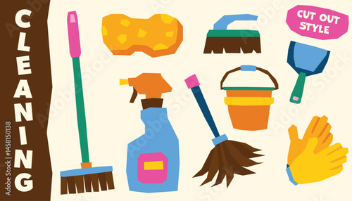 Bright and simple vector illustration of cleaning items in cut-out style for sticker, print, educational use and household infographics.