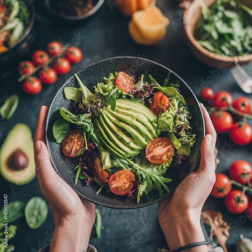Hands serving salad with avocado, tomatoes, and greens, lifestyle healthy eating concept