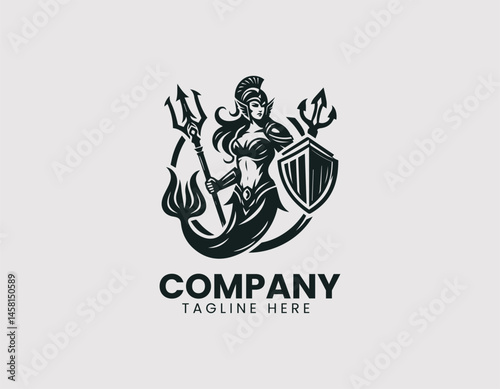 Warrior Mermaid Vector Logo Design, Strong Warrior Mermaid Logo, Fierce Warrior Mermaid Illustration Logo