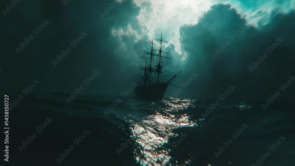A ghostly ship navigating through turbulent waters under a stormy sky with dramatic clouds A ghostly ship navigating through turbulent waters under a stormy sky with dramatic clouds