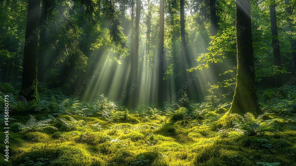 Obraz premium Sun rays pierce dense forest canopy