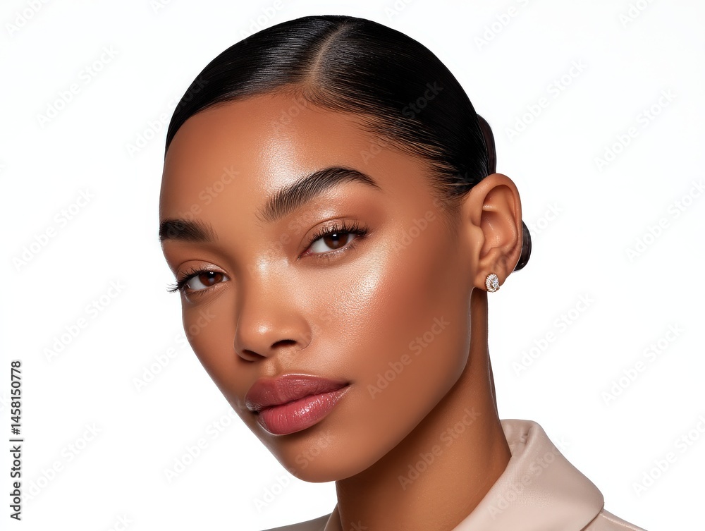 Captivating portrait of an elegant woman showcasing radiant skin smooth complexion with glossy lips and stylish earrings set against a clean minimalist background highlighting beauty and Captivating portrait of an elegant woman showcasing radiant skin smooth complexion with glossy lips and stylish earrings set against a clean minimalist background highlighting beauty and