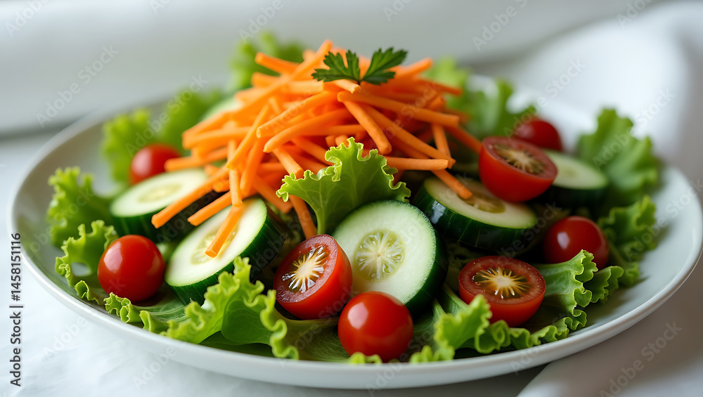 Fresh Garden Salad with Carrots Cucumbers and Tomatoes A Healthy and Colorful Dish on a White Plate Fresh Garden Salad with Carrots Cucumbers and Tomatoes A Healthy and Colorful Dish on a White Plate
