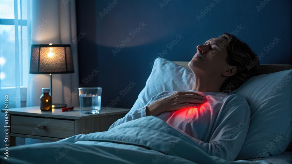 Fototapeta premium Woman in bed with a glowing chest, indicating concern or discomfort.
