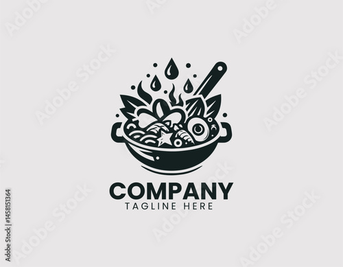 Stir Fry Ingredients Being Tossed in Black Wok White Background Vector Logo Design, Stir Fry Tossed in Wok Black Pan White Backdrop Logo, Cooking Stir Fry Ingredients Black Wok White Background Illust