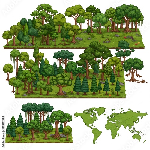 緑豊かな森 多様な木々 世界地図付きイラスト photo