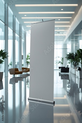Blank Banner Stand in Modern Corporate Lobby for Branding