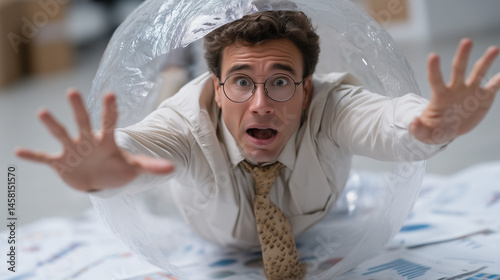 Confined Crisis: A bewildered office worker, encased in plastic, embodies feelings of stress, anxiety, and being overwhelmed in a tense workspace setting.