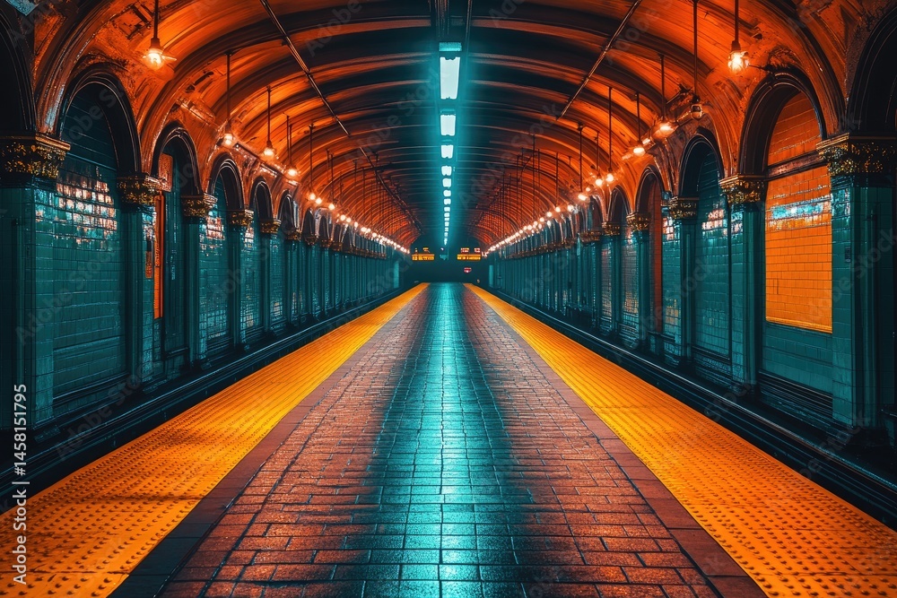 Fototapeta premium A quiet subway station, nearly deserted, just before the stroke of midnight.