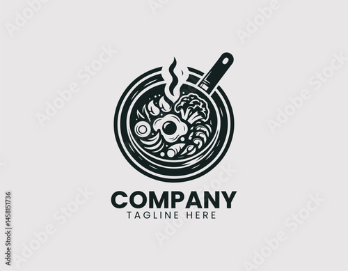 Stir Fry Ingredients Being Tossed in Black Wok White Background Vector Logo Design, Stir Fry Tossed in Wok Black Pan White Backdrop Logo, Cooking Stir Fry Ingredients Black Wok White Background Illust
