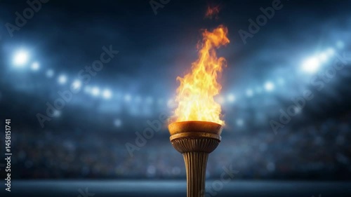 Olympic torch burning brightly in a stadium, symbolizing unity and competition during the games