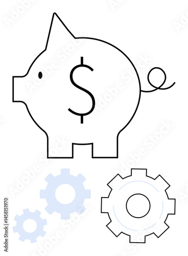 Piggy bank with dollar sign alongside interconnected gears symbolizing savings, financial planning, and efficiency. Ideal for finance, business, technology, investment, strategy, banking simple