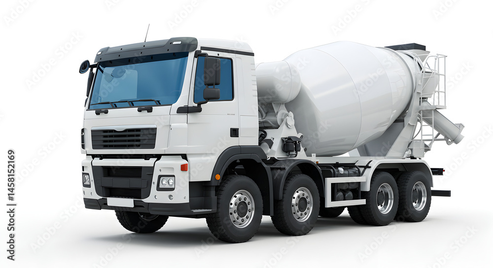 White Concrete Mixer Truck on White Background in Studio Shot Perfect for Construction and Transportation Industry Visualization White Concrete Mixer Truck on White Background in Studio Shot Perfect for Construction and Transportation Industry Visualization