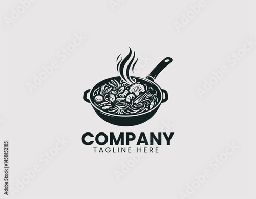Stir Fry Ingredients Being Tossed in Black Wok White Background Vector Logo Design, Stir Fry Tossed in Wok Black Pan White Backdrop Logo, Cooking Stir Fry Ingredients Black Wok White Background Illust
