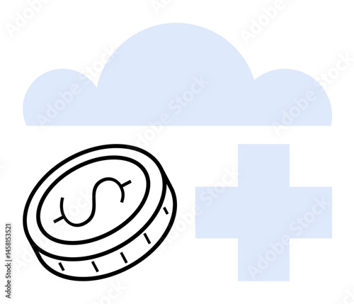 Coin with dollar sign next to a blue cloud and plus sign. Ideal for finance, cloud computing, investment tech, digital banking, online platforms, modern innovation, simple landing page