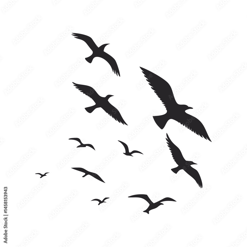 Flying birds silhouette black vector illustration, multiple birds in flight, perfect for nature, wildlife Flying birds silhouette black vector illustration, multiple birds in flight, perfect for nature, wildlife