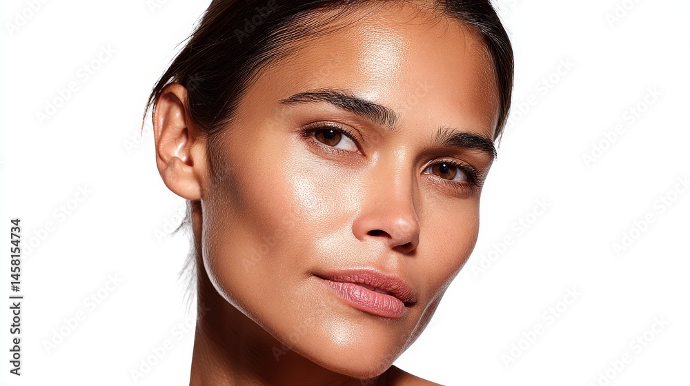 Fototapeta premium Radiant young woman with glowing skin showcasing natural beauty and confidence under bright lighting in front of a white backdrop emphasizing healthy skincare and effortless elegance