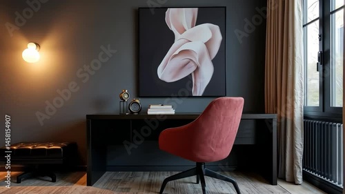 Modern workspace featuring a stylish chair and abstract art  