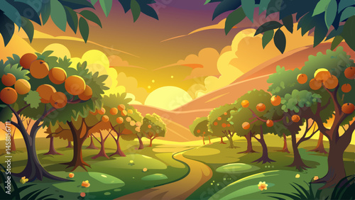 A golden haze settles over the orchard at sunset, apricots glowing among the deep green leaves