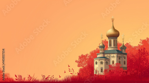 View of an Orthodox church with its distinctive dome, decorated with holy images, and surrounded by beautiful nature, with a red to gold gradient background.