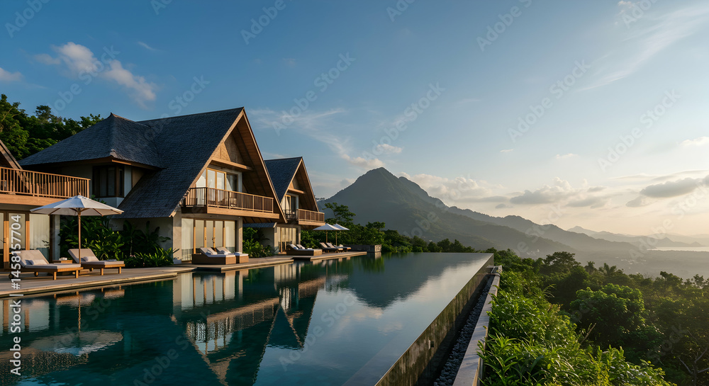 Fototapeta premium Scenic Luxury Villas Overlooking Serene Infinity Pool at Sunset