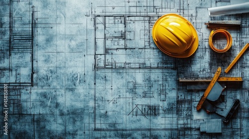 Overhead view of architectural blueprints and construction supplies.