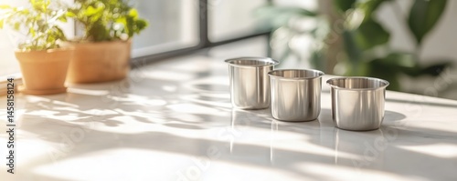 Wallpaper Mural Three stainless steel cups on a white surface Torontodigital.ca