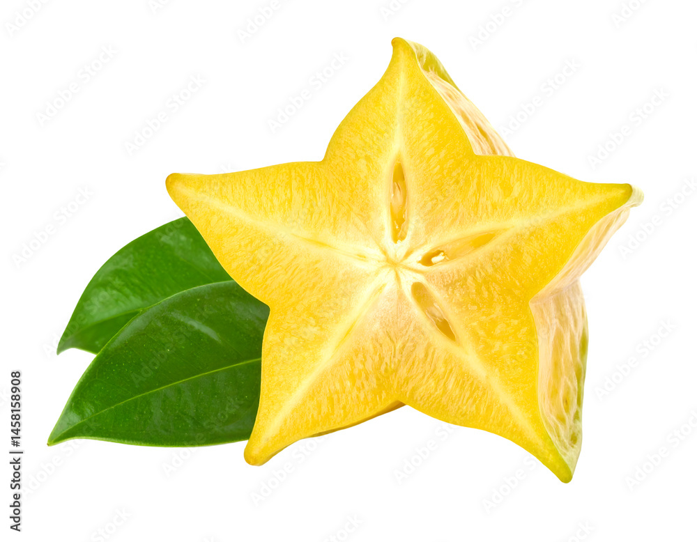 Fototapeta premium Ripe Yellow Star Fruit Slice with Green Leaves