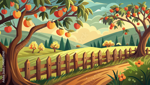 An old wooden fence lines the edge of the orchard, beyond which ripe apricots hang heavy from twisted branches