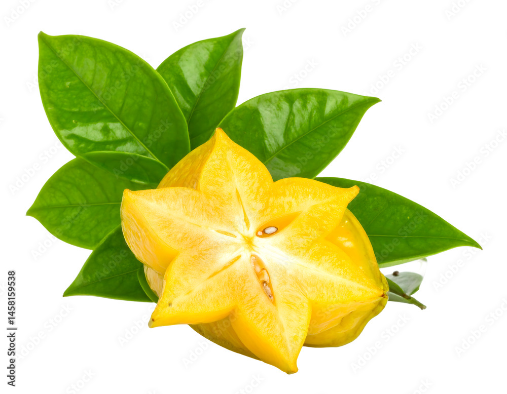Fototapeta premium Starfruit with Green Leaves on Transparent Background